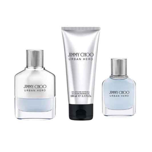 Jimmy Choo Urban Hero Gift Set for Men | Woody Spicy Cologne with EDT, Travel Spray & Aftershave Balm