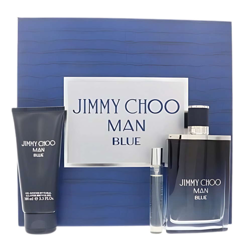 Jimmy Choo Man Blue Gift Set for Men | Woody Aromatic Cologne with EDT, Travel Spray & Shower Gel