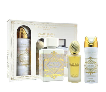Lattafa Badee Al Oud Honor & Glory Gift Set - Eau de Parfum 3.4 oz, Hair Spray 1.6 oz, and Body Spray 6.7 oz