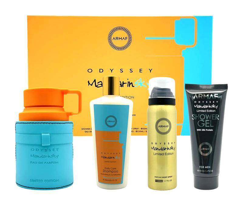 Armaf Odyssey Mandarin Sky 4-Piece Luxury Gift Set - Eau de Parfum - 3.4 oz, Body Spray 1.7 oz, Shower Gel 3.4 oz, Shampoo 8.4 oz Body Care Fragrance