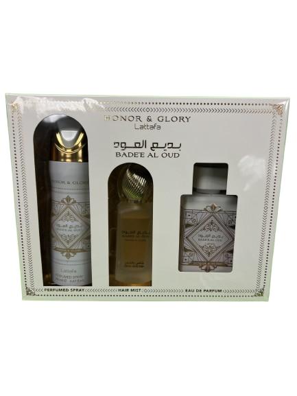 Lattafa Badee Al Oud Honor & Glory Gift Set - Eau de Parfum 3.4 oz, Hair Spray 1.6 oz, and Body Spray 6.7 oz