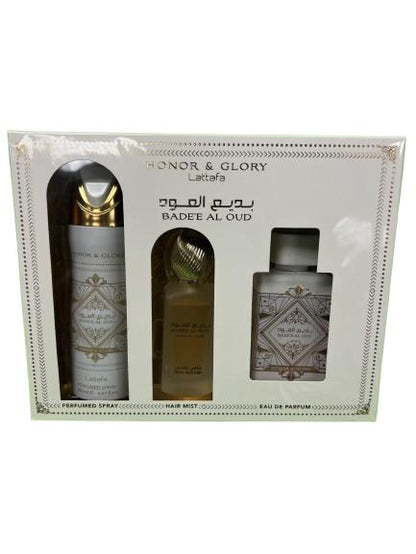 Lattafa Badee Al Oud Honor & Glory Gift Set - Eau de Parfum 3.4 oz, Hair Spray 1.6 oz, and Body Spray 6.7 oz
