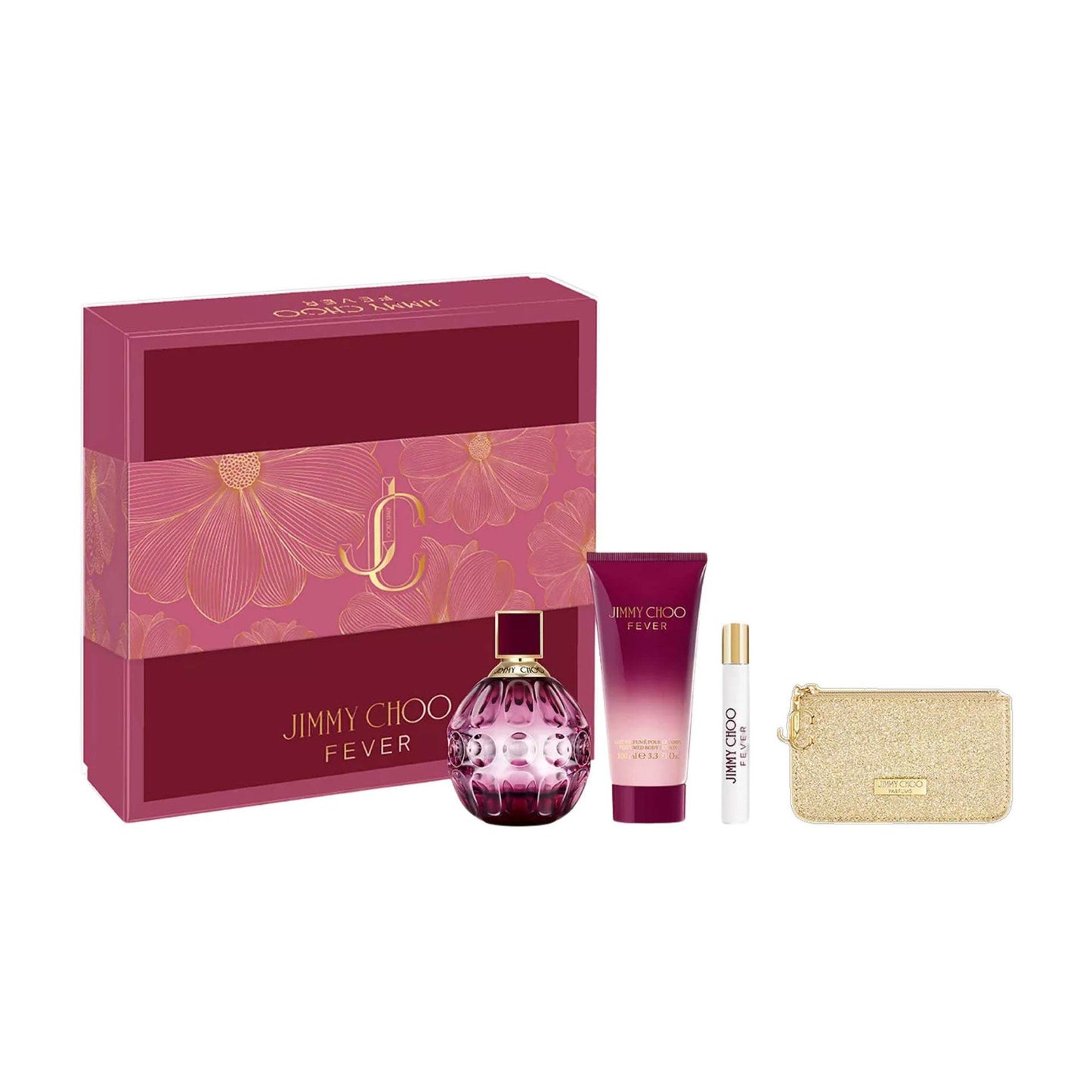 Jimmy Choo Fever 4pc Gift Set for Women | Amber Vanilla Perfume with EDP, Body Lotion, Travel Spray & Pouch